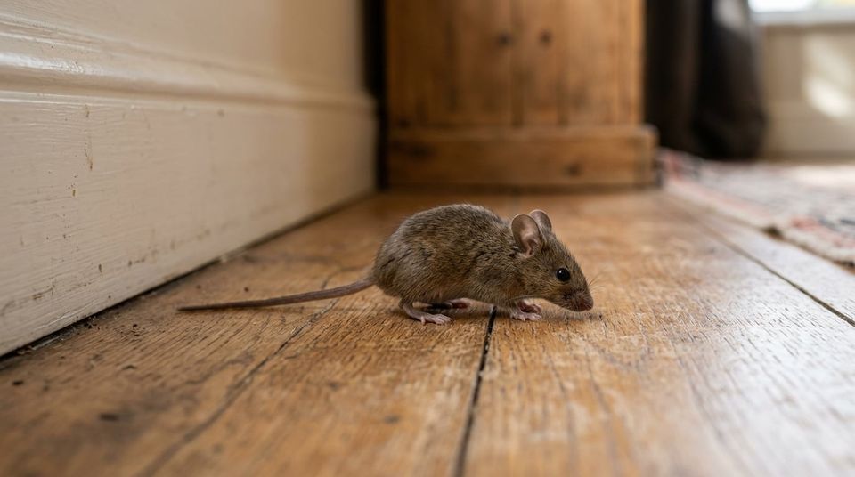 Souris sur le plancher de bois d'une maison, le long d'une plinthe : appel à un exterminateur à Gatineau